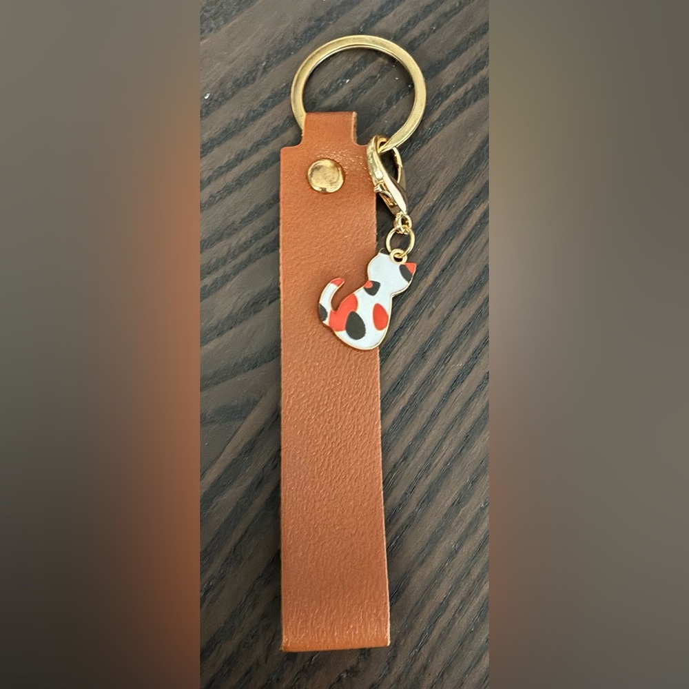 Custom Leather Strap Keychain with Cat Charm